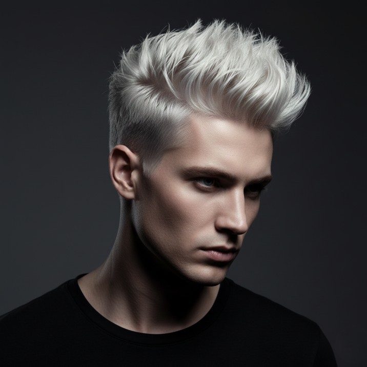 Bleached spiky hairstyle for men with light-colored textured hair and faded sides
