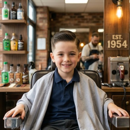 Classic taper kids haircut for boys with neatly tapered sides and longer hair on top