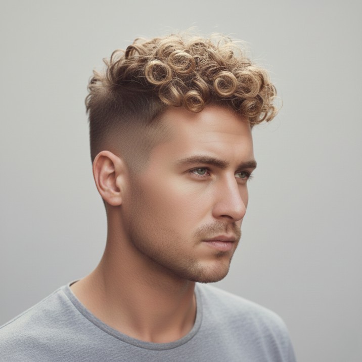 Curly spiky hairstyle for men with lifted curls and defined textured sections