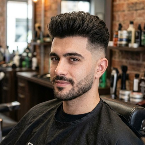 Fade haircut with medium top for men featuring sharp sides and textured volume