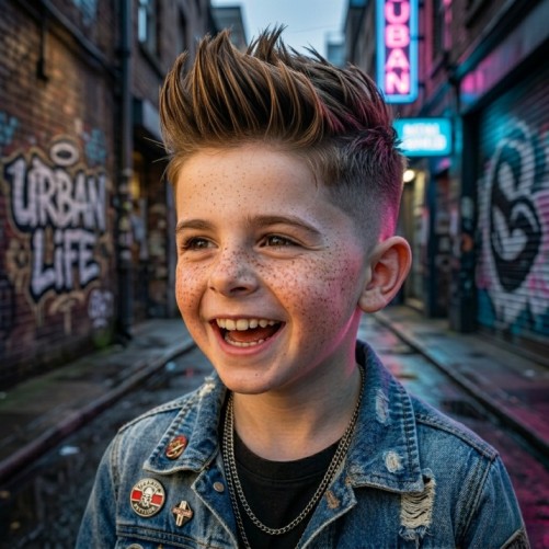 Faux hawk kids haircut for boys with longer textured hair styled upward through the center