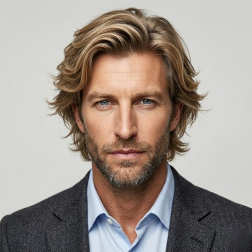 Feathered medium haircut for men with soft layers and light airy texture
