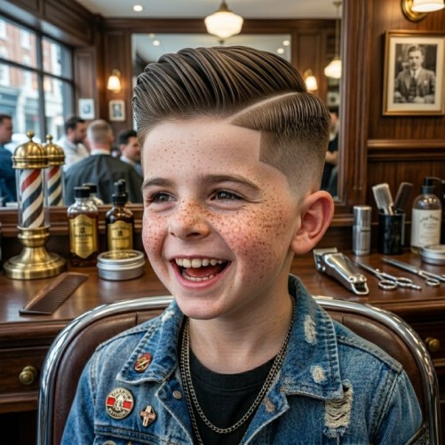 Hard part kids haircut for boys with a defined side part and short tapered sides