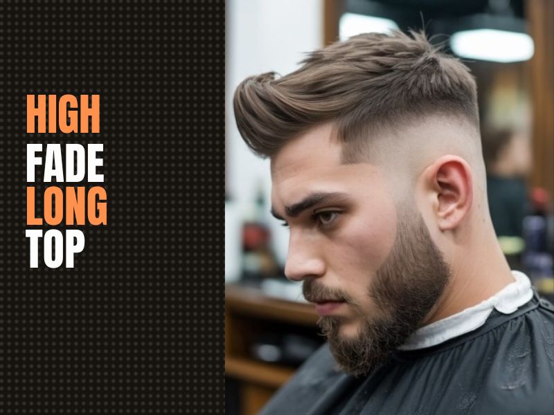 High fade haircut with long voluminous top and sharp contrast