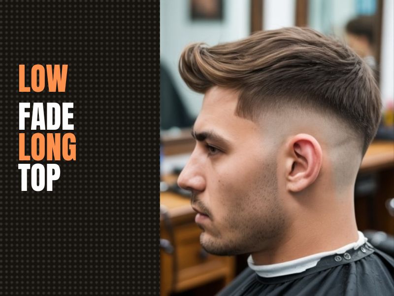 Low fade haircut with long top styled neatly for a clean look
