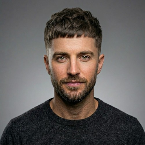 Medium Caesar haircut for men with short fringe and structured shape