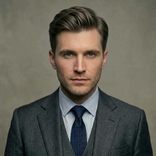 Medium Ivy League haircut for men with longer top and clean structured side part