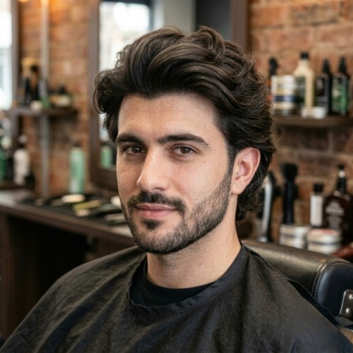 Medium blowout hairstyle for men with high volume and airy textured finish