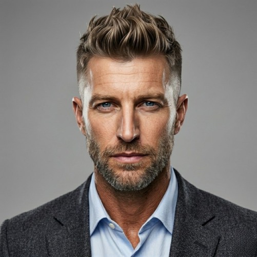 Medium faux hawk hairstyle for men with lifted center and short blended sides