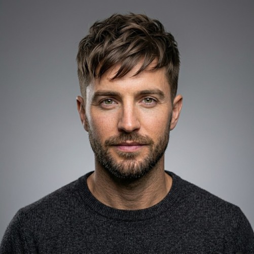 Medium fringe with taper haircut for men featuring clean sides and textured front