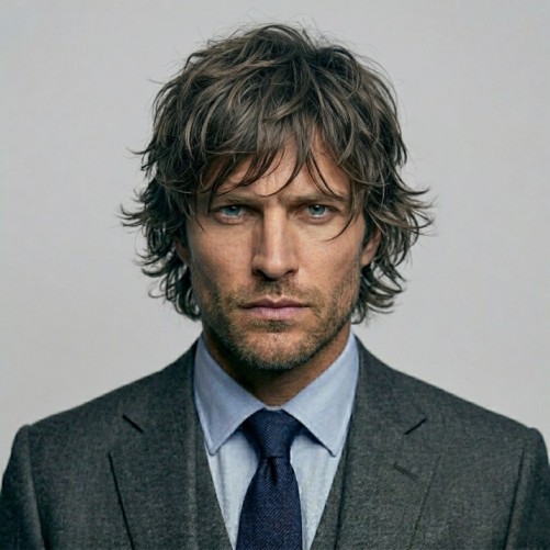 Medium shag hairstyle for men with layered texture and relaxed messy finish