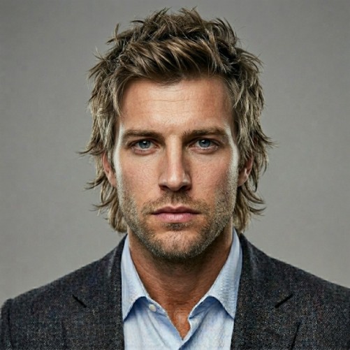 Medium wolf cut hairstyle for men with layered texture and edgy volume