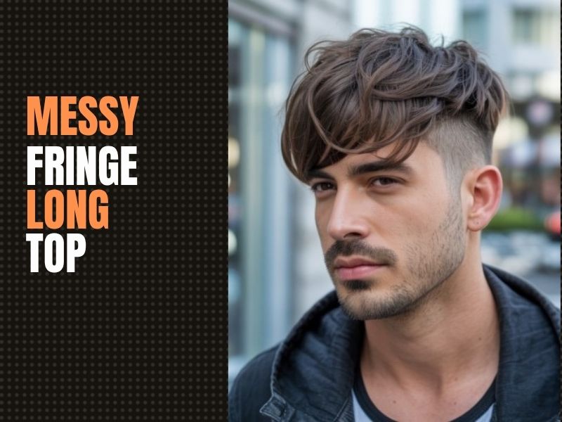 Messy fringe hairstyle with long textured top and short clean sides