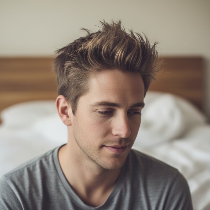 Messy spiky bedhead hairstyle for men with loose, natural-looking texture
