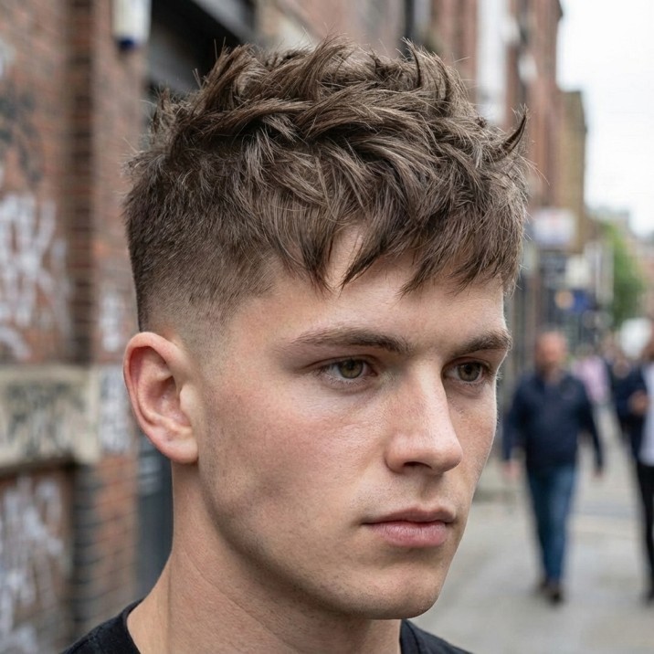 Messy spiky fringe hairstyle for men with textured forward-facing spikes