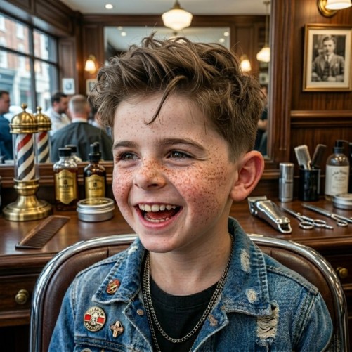 Messy top kids haircut for boys with textured longer hair on top and short sides