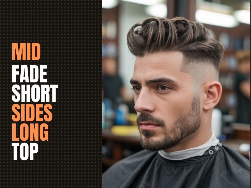 Mid fade haircut with short sides and longer textured hair on top