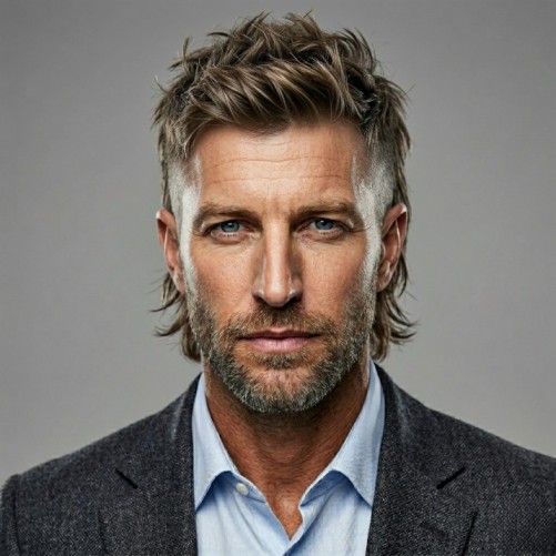Modern mullet hairstyle for men with medium length top and longer back layers