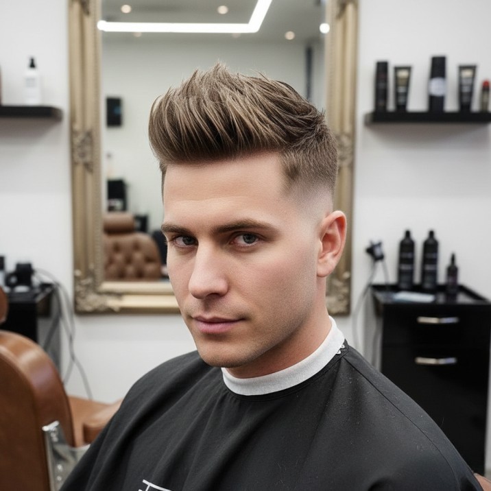 Sharp spiked top hairstyle with a clean mid fade for men