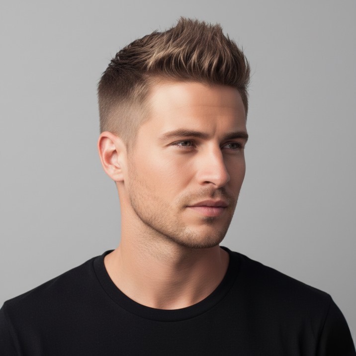 Short spiky fringe fade haircut for men with textured front hair and faded sides
