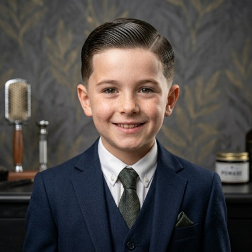 Side part kids haircut for boys with neatly styled longer hair and tapered sides
