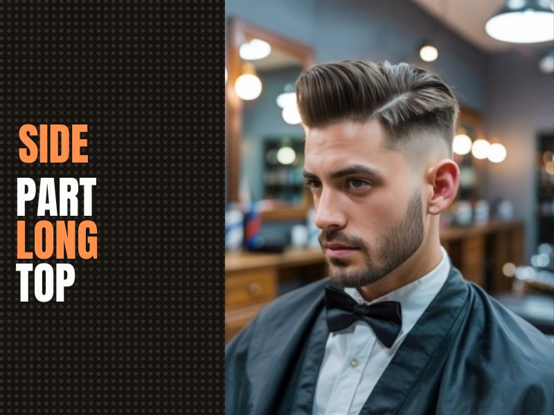 Side part hairstyle with long top and short tapered sides