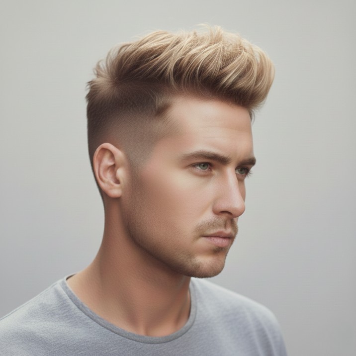 Side-swept spiky hairstyle for men with textured hair angled upward and sideways