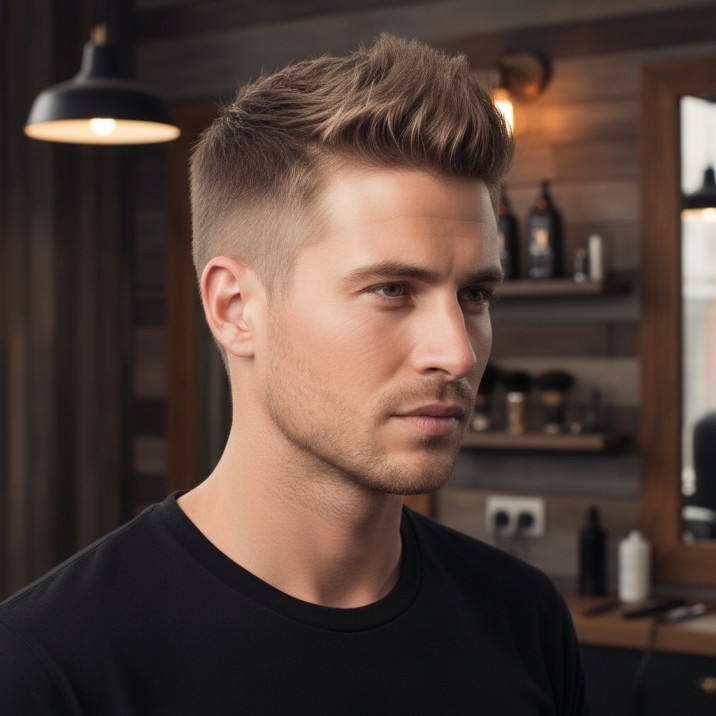 Modern spiky Caesar cut for men with short textured layers and a defined fringe