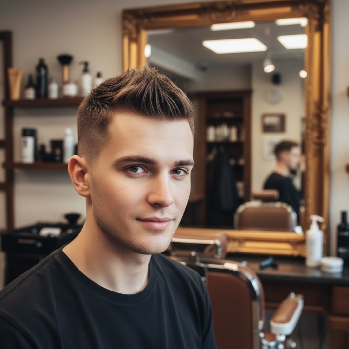 Spiky crew cut for men with short textured spikes and clean sides