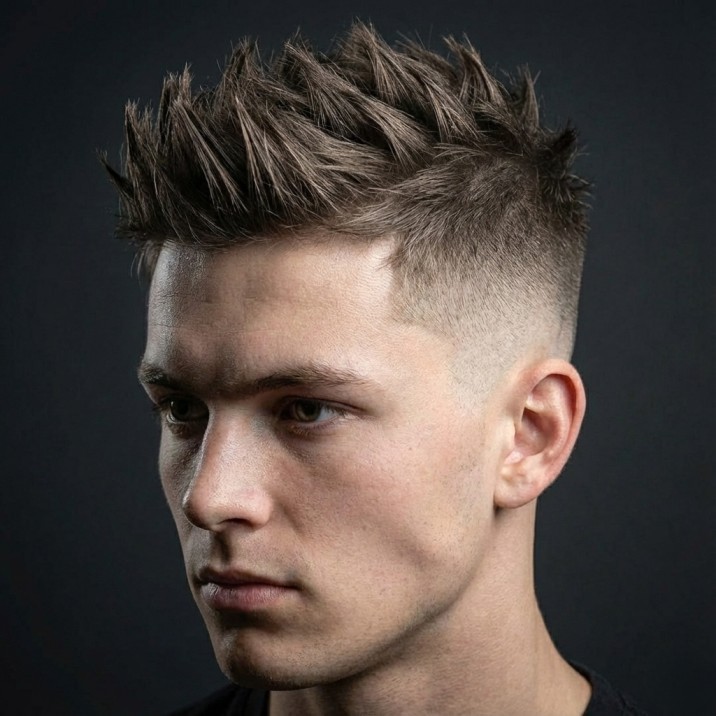 Spiky faux hawk fade hairstyle for men with textured spikes through the center