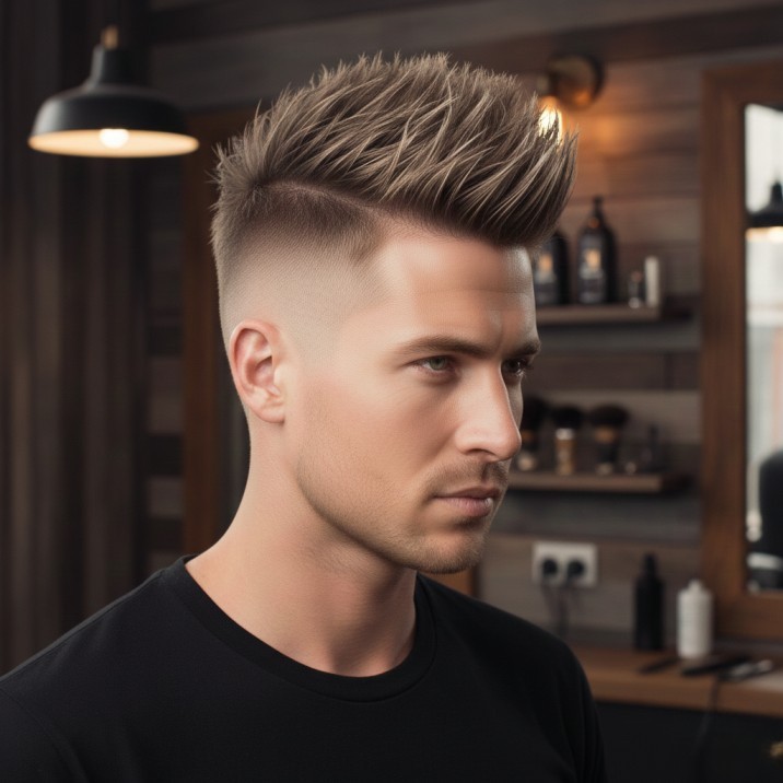 Spiky mohawk fade hairstyle for men with tall textured spikes and faded sides