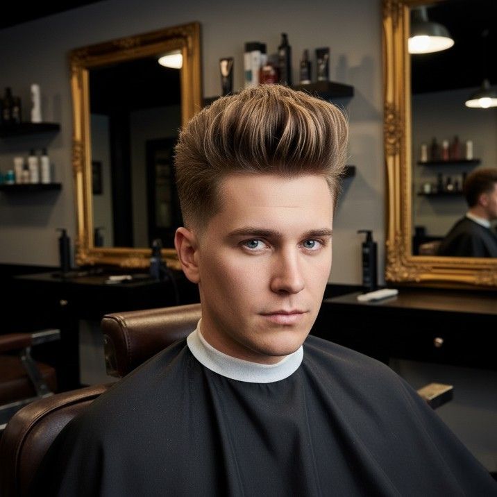 Spiky pompadour hairstyle for men with voluminous upward and backward spikes