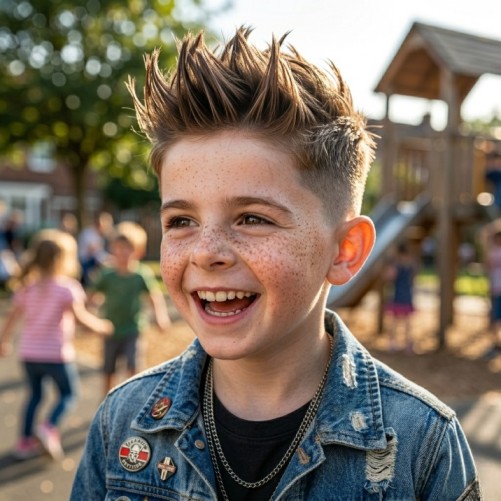Spiky top kids haircut for boys with short sides and textured hair styled upward