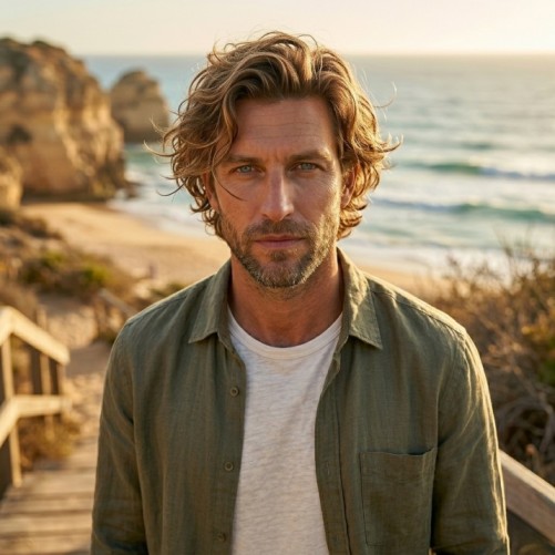 Surfer hairstyle for men with medium length beach waves and relaxed messy texture