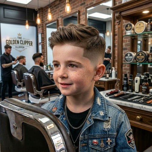 Taper fade kids haircut for boys with smoothly blended sides and a longer textured top