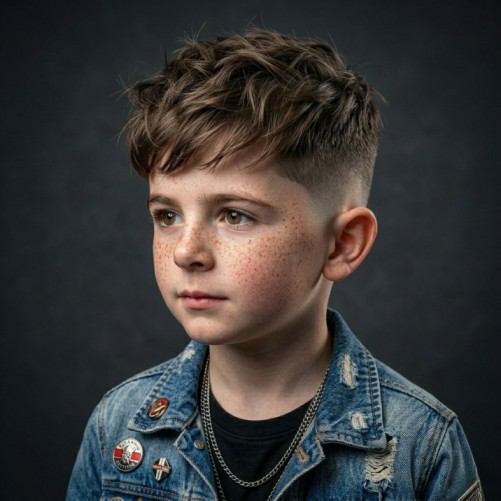 Textured crop kids haircut for boys with a textured top, short sides, and natural fringe