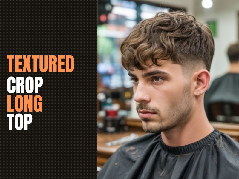 Textured crop haircut with longer layered top and short faded sides