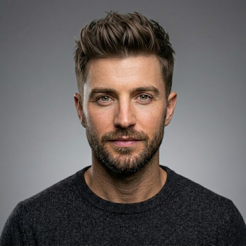 Textured quiff medium hairstyle for men with lifted front and natural finish