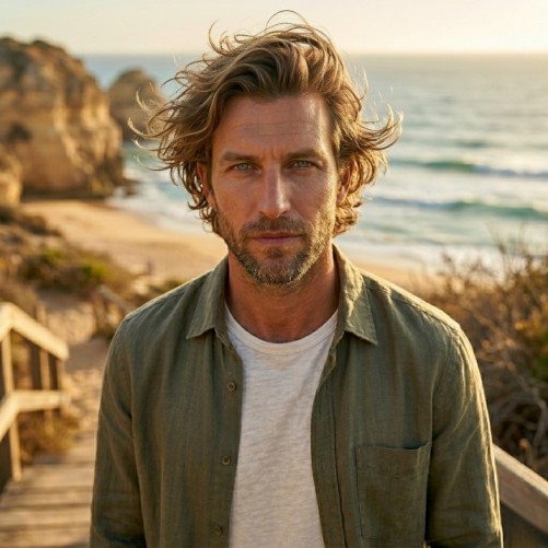 Windswept medium hairstyle for men with natural movement and voluminous flow