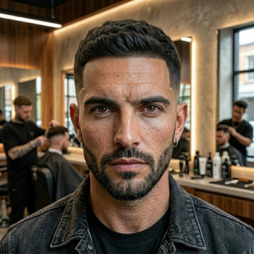 Crew cut hairstyle combined with a smooth taper fade