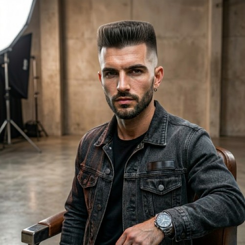 Flat top haircut with structured shape and faded sides