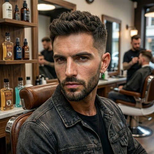 Low fade haircut paired with a short textured hairstyle on top