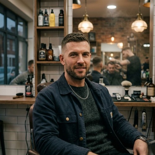 Male model with a classic crew cut and short textured top haircut