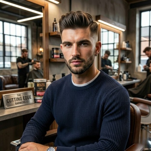 Man wearing a short pompadour haircut with sleek volume on top
