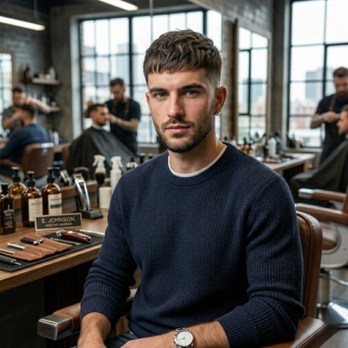 Man with a Caesar haircut featuring a short forward fringe style