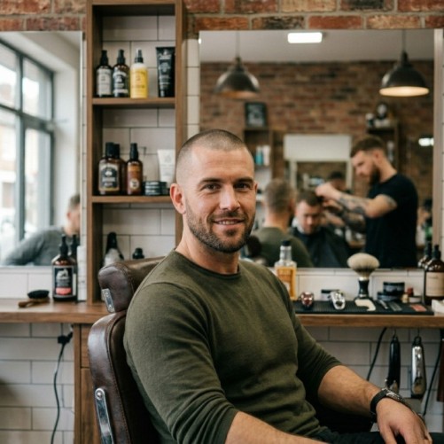 Man with a clean buzz cut hairstyle and sharp masculine facial features