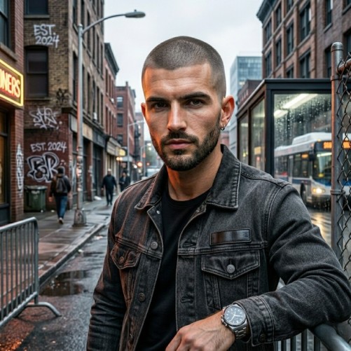 Masculine military haircut with ultra-short evenly trimmed hair