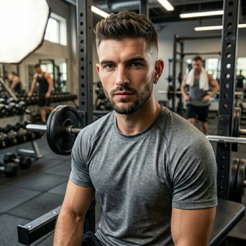 Modern short quiff hairstyle with textured volume and fade