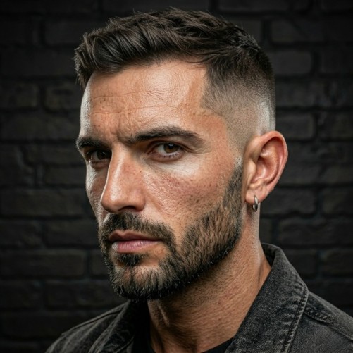 Sharp bald fade haircut with clean shaved sides and texture