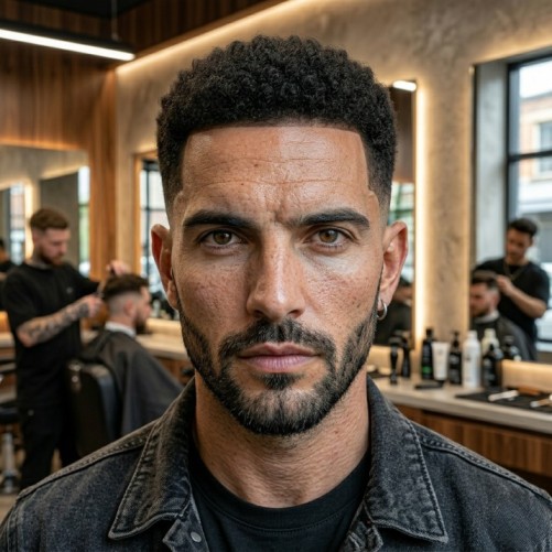 Short afro fade hairstyle with natural curls and clean edges